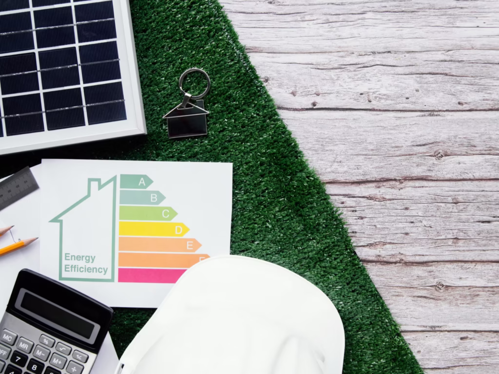 Energy efficiency chart, solar panel, house key, calculator and hard hat on green mat.