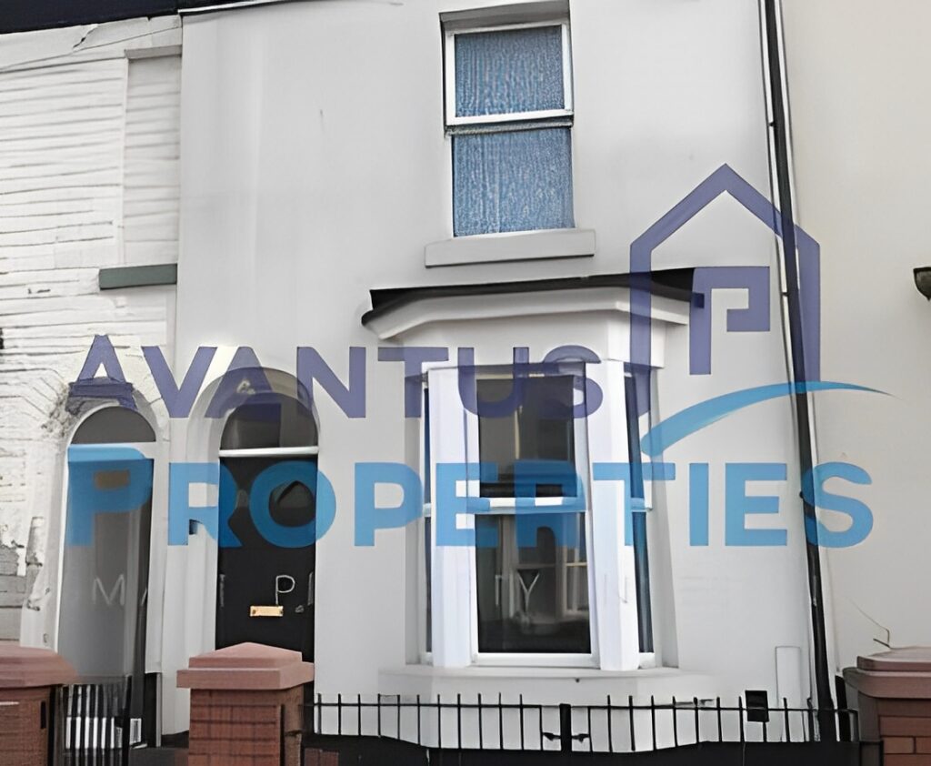White terraced house with bay window and black door, Avantus branding overlaid.