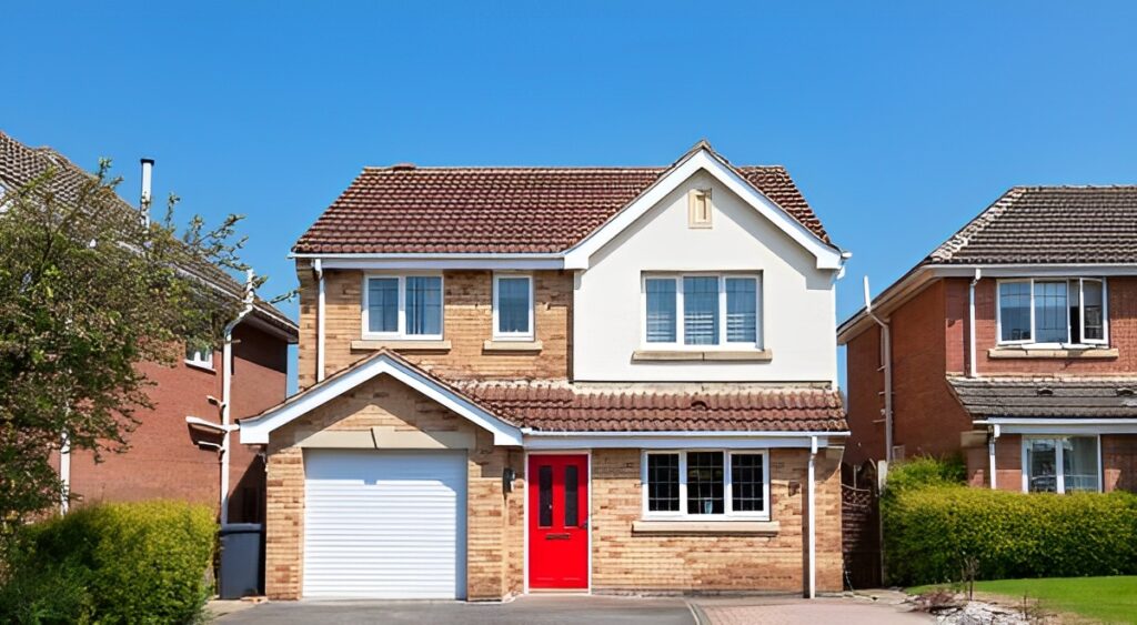 Modern detached house with red front door, white garage, and brick-and-stucco facade.